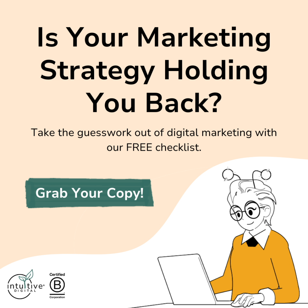 Illustration of a woman on using a computer with the title "is your marketing strategy holding you back?"