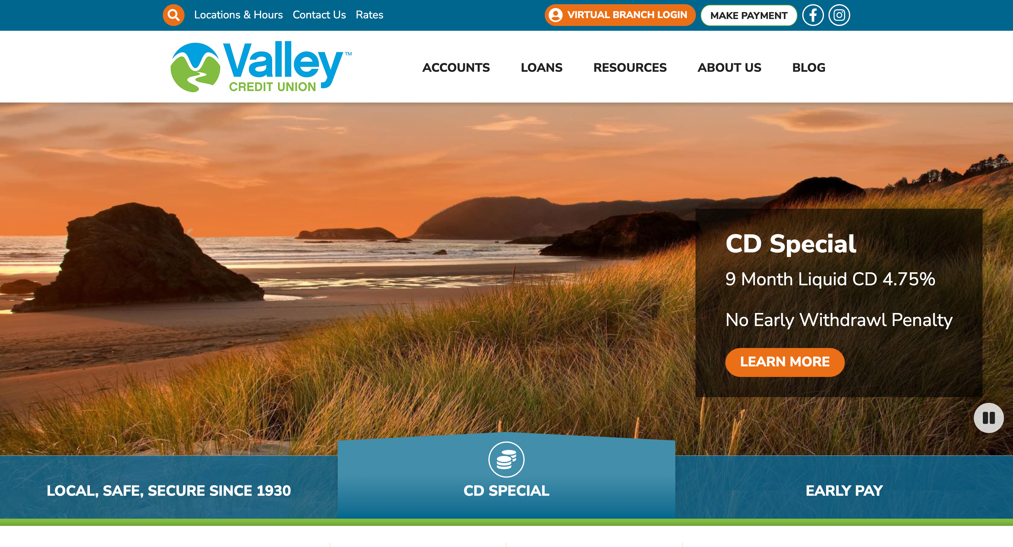 A scenic coastal beach at sunset is shown on the Valley Credit Union website homepage, featuring navigation links and a highlighted CD Special offer with a 4.75% rate and a “Learn More” button.