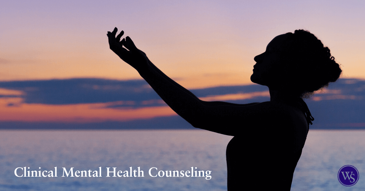 A silhouette of a person with raised arms stands by the water at sunset. The sky is orange and purple. Text reads, “Clinical Mental Health Counseling,” with a small circular WS logo in the bottom right.