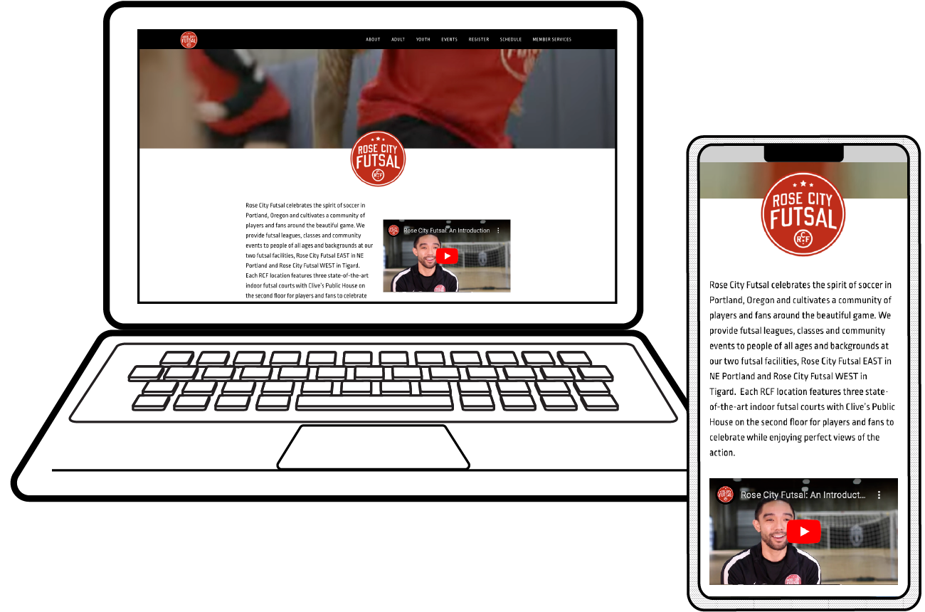 Illustration of a laptop and smartphone displaying the Rose City Futsal website, showing the logo, text about the club, an embedded video, and an image of a smiling man in front of a futsal goal.