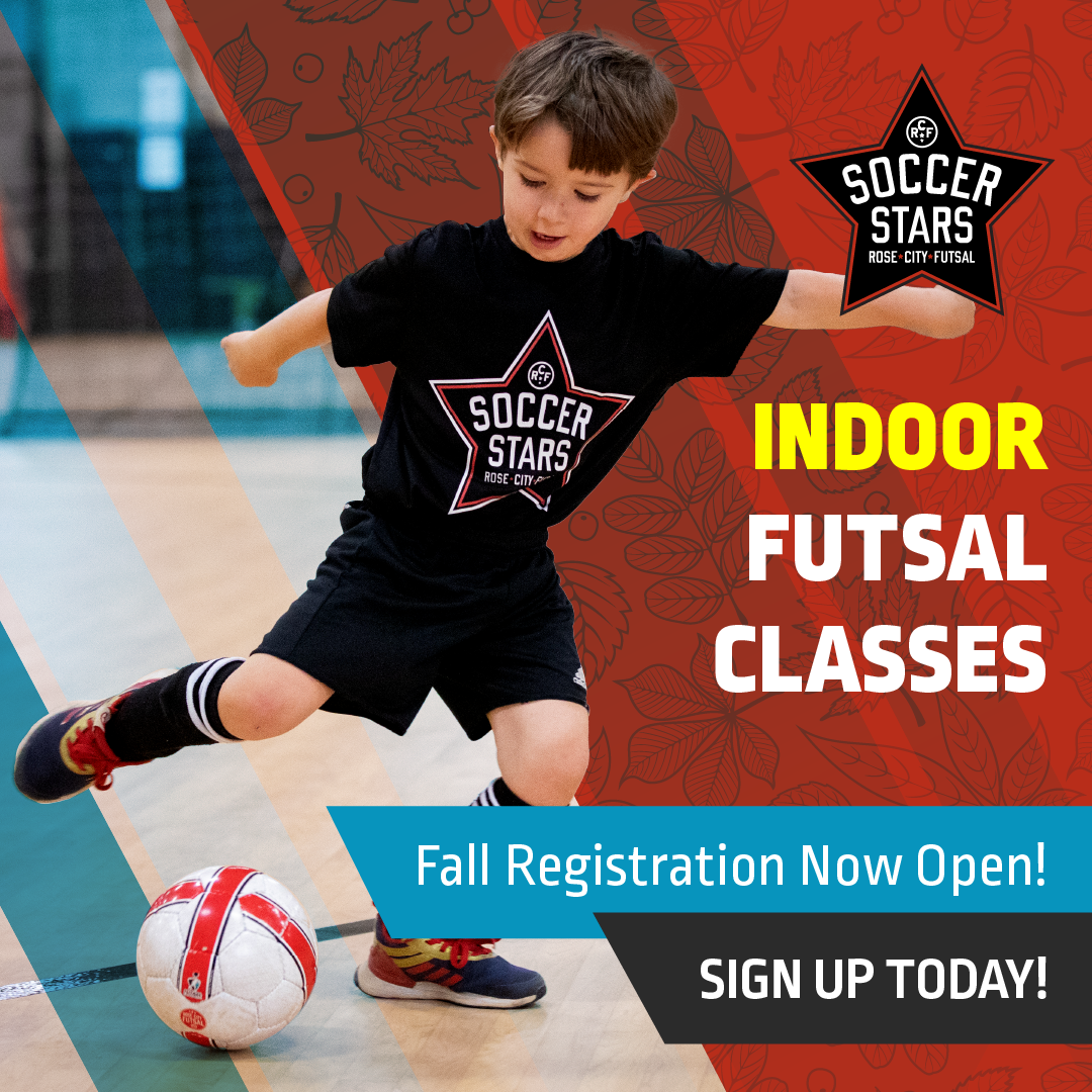 Young boy wearing a Soccer Stars shirt kicks a soccer ball indoors. Text reads: Indoor Futsal Classes. Fall Registration Now Open! Sign Up Today! Background features a red floral pattern and Soccer Stars logo.