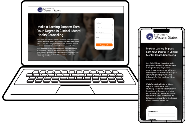 Illustration of a laptop and smartphone displaying a university webpage for earning a degree in Clinical Mental Health Counseling, with a logo, program details, and a contact form.