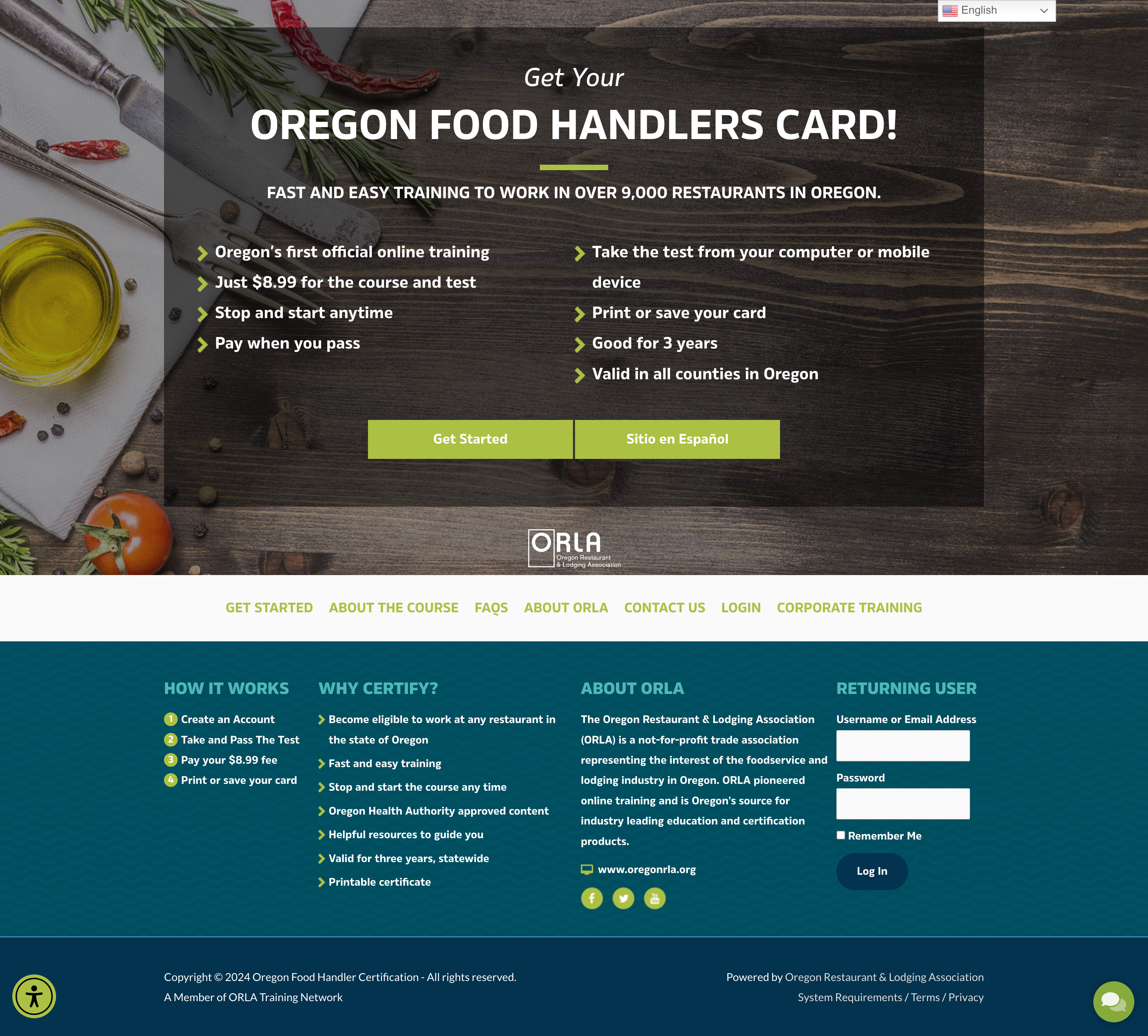 A promotional website page for the Oregon Food Handlers Card, featuring fresh produce, options to get started or view in Spanish, course details, a login section, and navigation links on a green and yellow background.