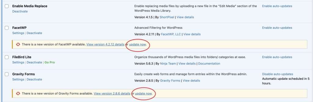 A WordPress Plugins page displays update notifications for FacetWP and Gravity Forms, each highlighted with red circles, along with links to view version details and options to update now.