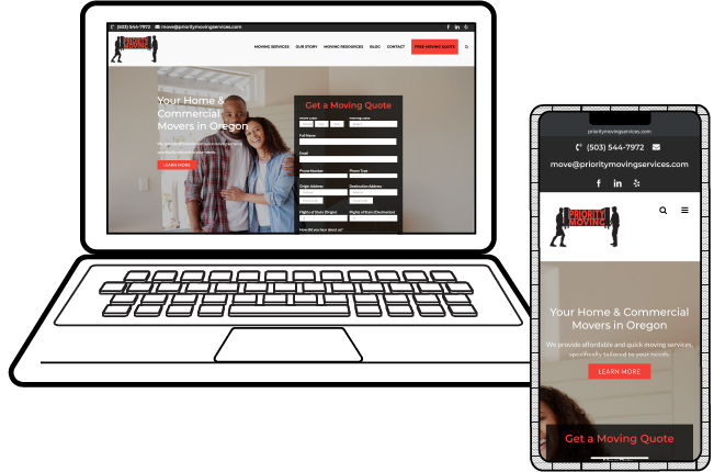 Illustration of a laptop and smartphone displaying a moving companys website, featuring a smiling couple indoors and a moving quote form on both screens. The text reads Your Home & Commercial Movers in Oregon.