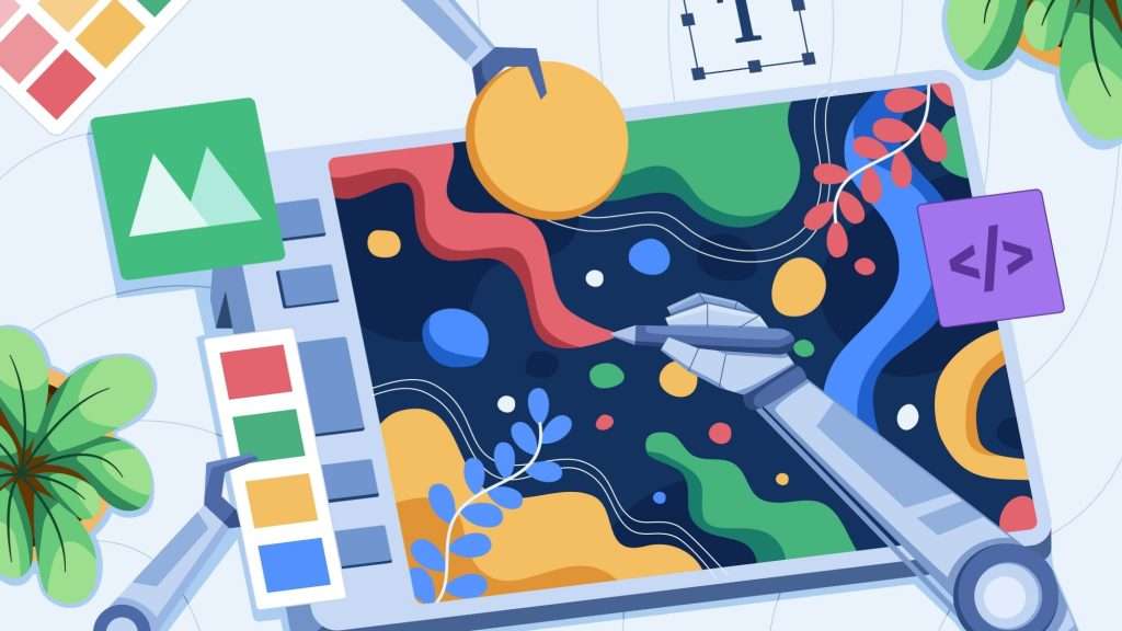 A colorful digital illustration shows robotic arms designing vibrant abstract art on a tablet, surrounded by graphic design tools, code, and plant elements—capturing the creative process of a content marketing expert at work.