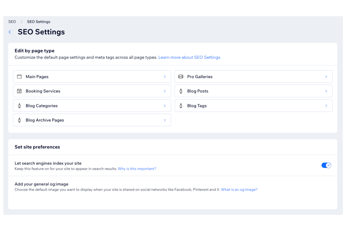 A website SEO settings page displays options for editing SEO by page type, including Main Pages, Booking Services, Blog Categories, Blog Archive Pages, Pro Galleries, Blog Posts, and Blog Tags. Site preferences are below.