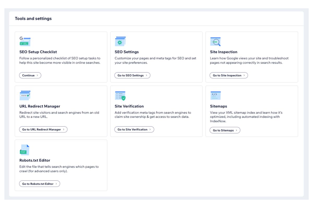 Screenshot of a “Tools and settings” dashboard showing seven options: SEO Setup Checklist, SEO Settings, Site Inspection, URL Redirect Manager, Site Verification, Sitemaps, and Robots.txt Editor, each with brief descriptions and buttons.
