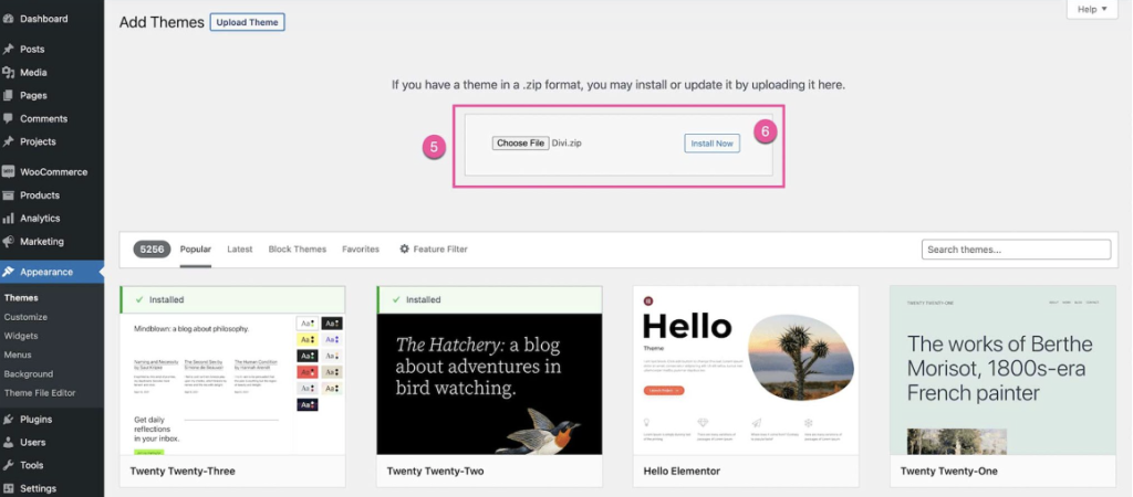 wordpress backend to upload the the divi theme