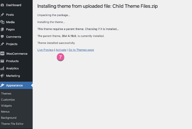installing the divi theme notification in wordpress
