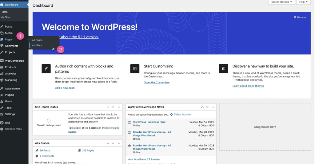 hovering over pages on the wordpress home page backend