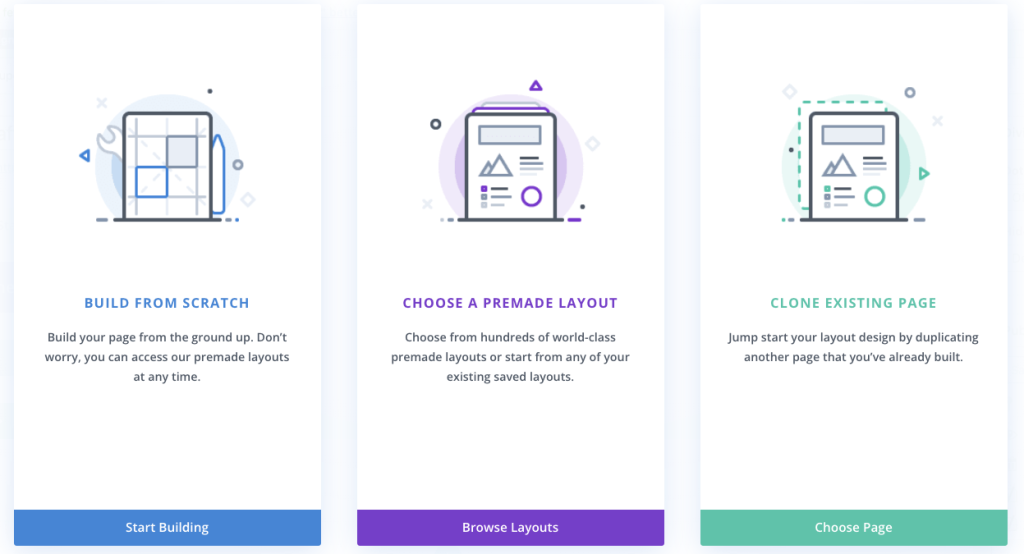 divi theme option to build from scratch, clone an existing page, or choose a premade layout