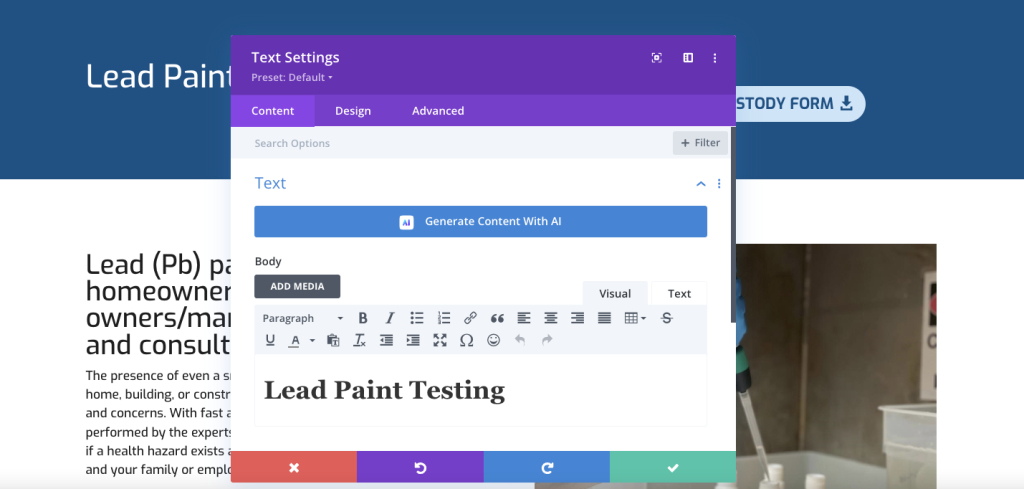 divi theme in wordpress element window pop-up to edit the text