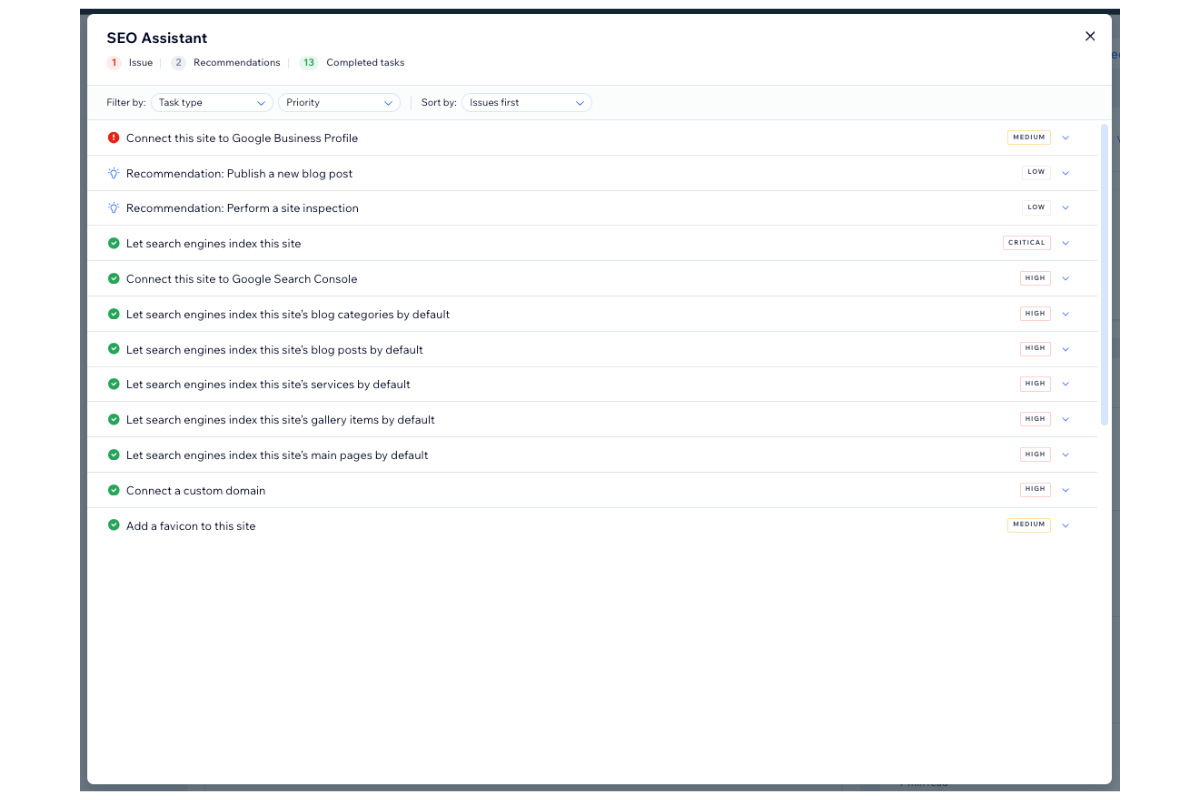 Screenshot of an SEO Assistant dashboard showing a list of tasks, with completed tasks marked by green checkmarks and pending tasks including connecting to Google Business Profile and Google Search Console.