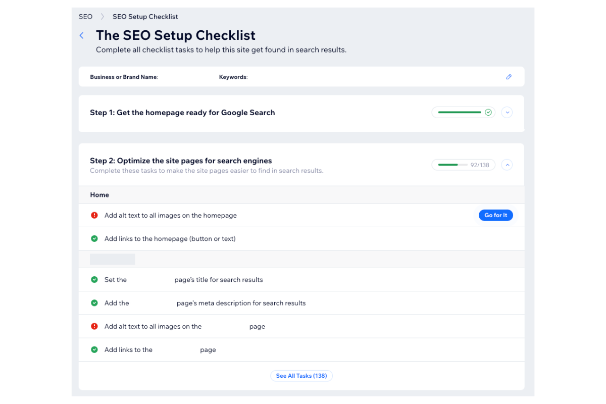 A digital SEO setup checklist interface shows steps for optimizing a website, including adding text to images, setting a title, and writing a meta description. Progress bars and checkboxes indicate completion of various tasks.