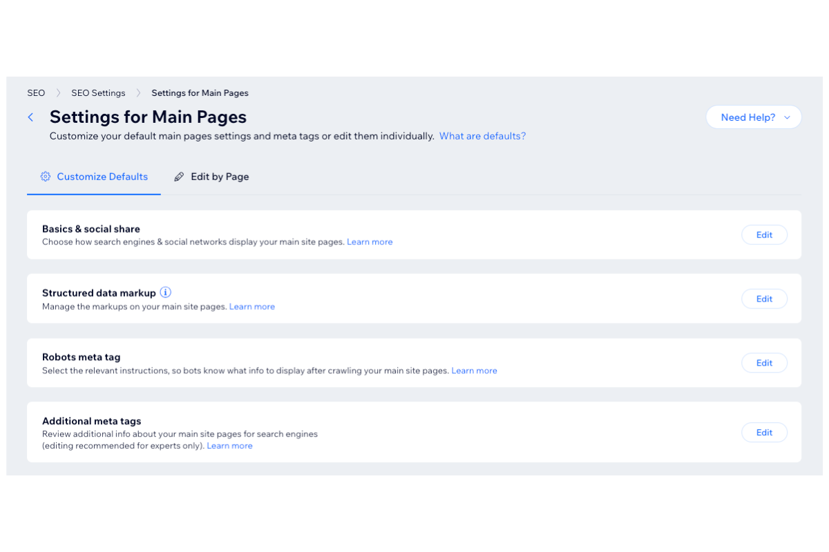 A website settings page showing options for customizing main page SEO settings, including Basics & social share, Structured data markup, Robots meta tag, and Additional meta tags, each with an Edit button.