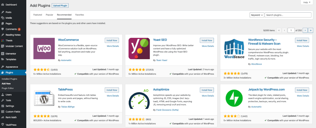 WordPress admin dashboard displaying the Add Plugins page with plugin options such as WooCommerce, Yoast SEO, Wordfence Security, TablePress, Autoptimize, and Jetpack shown in a grid format.