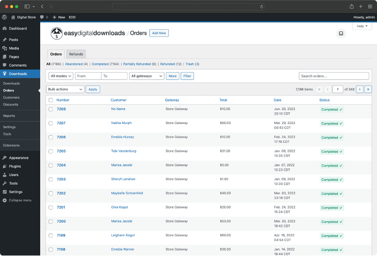 A screenshot of the Easy Digital Downloads Orders page shows a list of completed orders with order numbers, customer names, gateways, amounts, dates, and statuses in a WordPress admin dashboard interface.