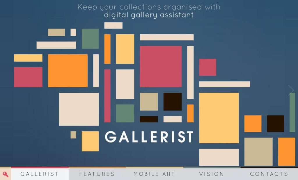 Abstract geometric shapes in various colors on a blue background with the text: Keep your collections organised with digital gallery assistant. The word Gallerist is centered, and a navigation menu is at the bottom.