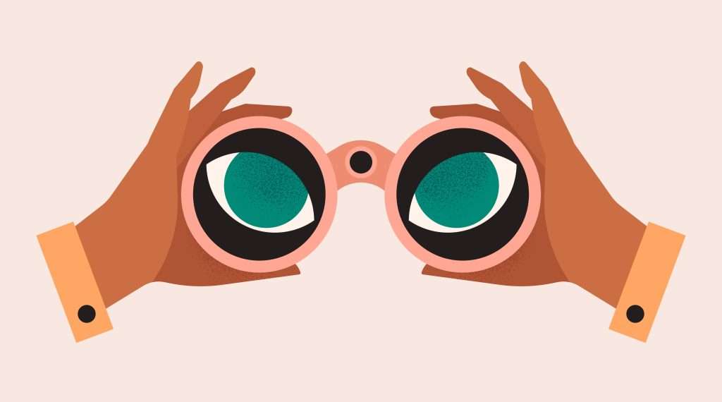 Illustration of two hands holding binoculars, with stylized eyes visible inside the lenses, symbolizing google ads competitor analysis, on a light beige background.
