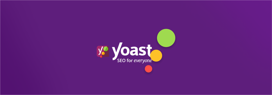 Yoast logo on a purple background with the text SEO for everyone and three colorful circles (green, yellow, and orange) around the logo.