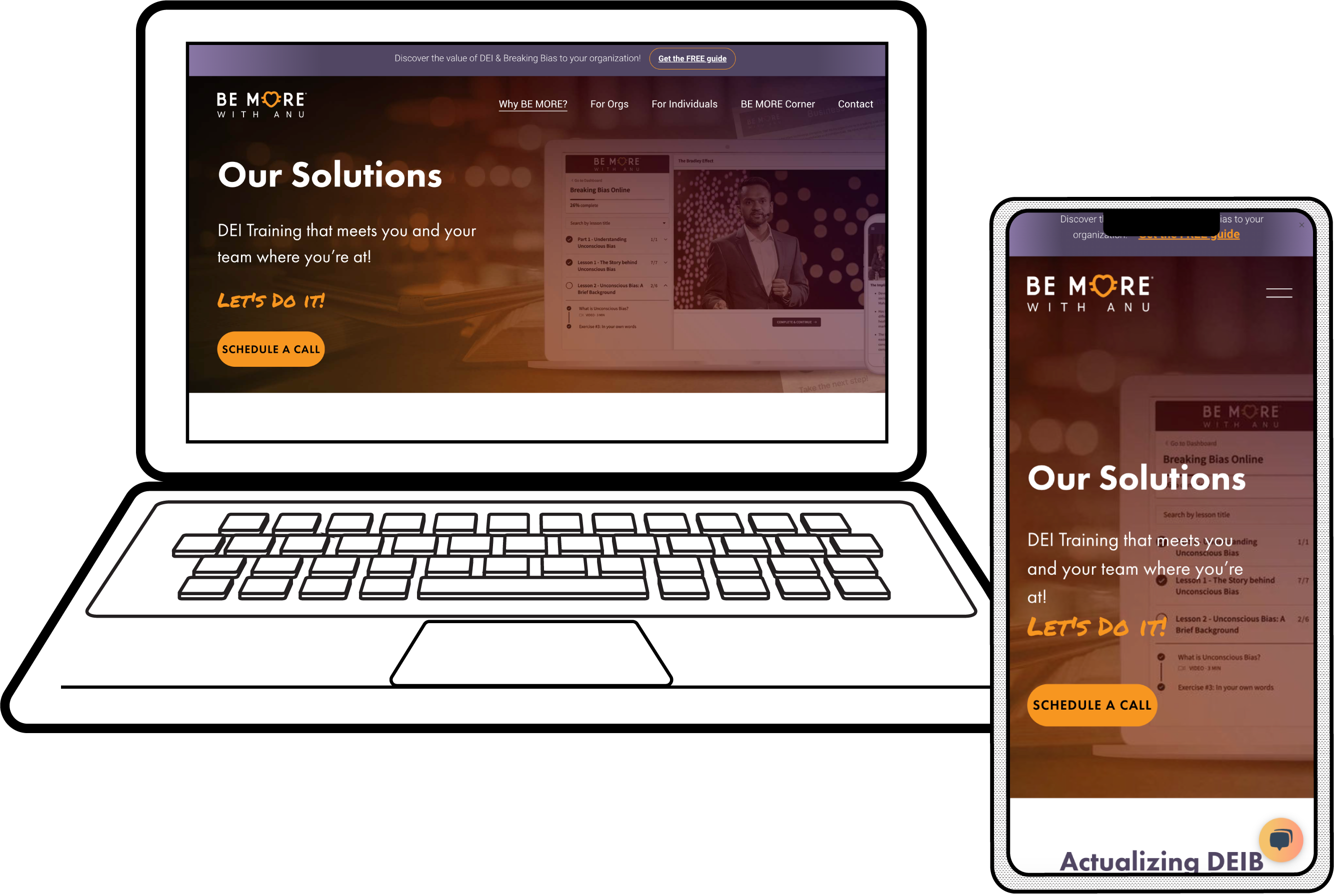 A website page titled Our Solutions is displayed on both a laptop and a smartphone screen. Both screens show an orange Schedule a Call button and text about DEI training. The devices are outlined in black.