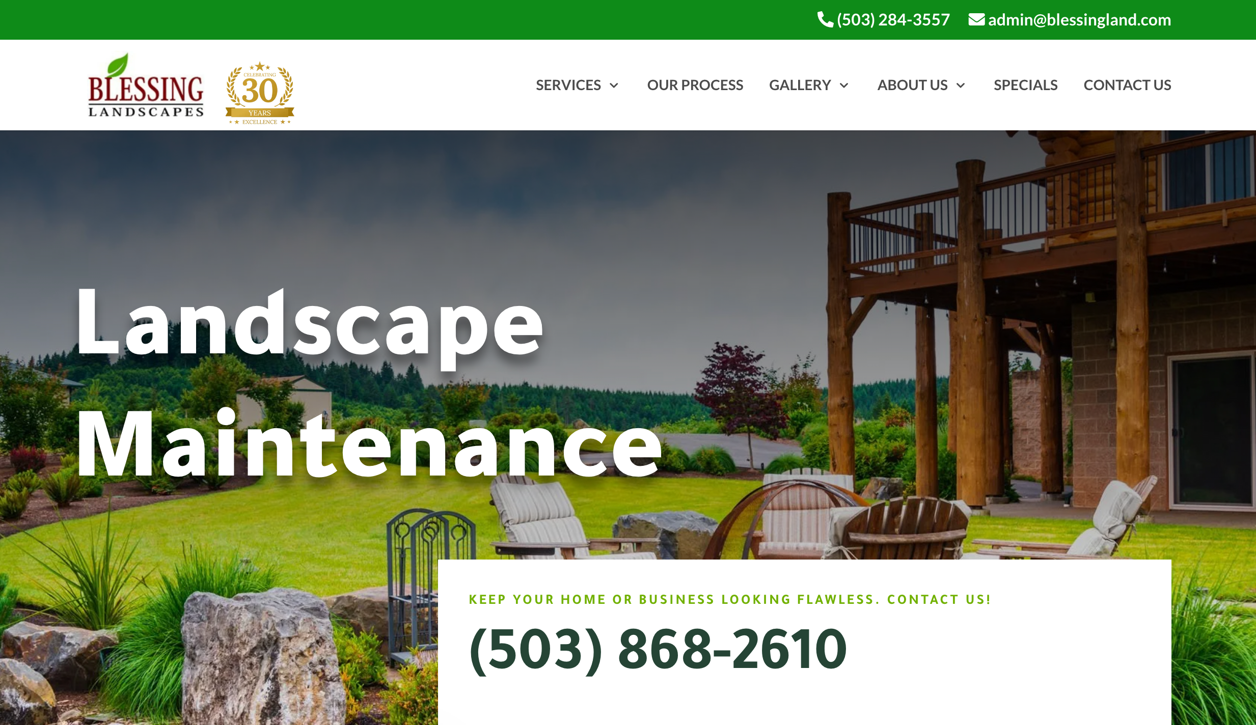 Screenshot of Blessing Landscapes website homepage showing a garden with green grass, plants, wooden patio furniture, and text promoting landscape maintenance and a contact phone number.