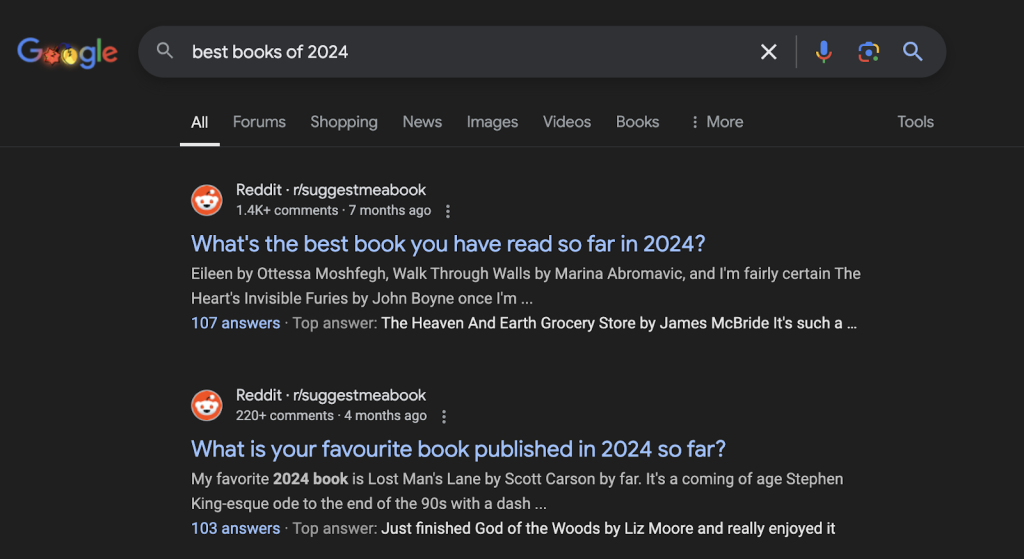 Google search results for best books of 2024, featuring Reddit discussion threads—often used as reddit for digital marketing—where users recommend titles like Walk Through Walls, The Heaven and Earth Grocery Store, and Lost Mans Lane.