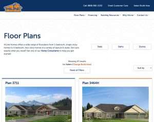 Screenshot of the HiLine Homes websites Floor Plans page, showing navigation links, a description of available home plans, filter options, and previews of two house plans with images and titles: Plan 3711 and Plan 3464H.