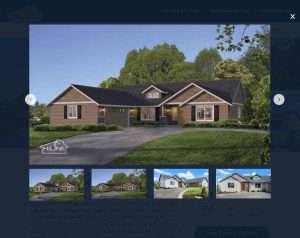 A single-story suburban house with brown siding, black roof, a front porch, and a manicured lawn, shown with blue skies. Four smaller images below display different exterior views of similar homes.