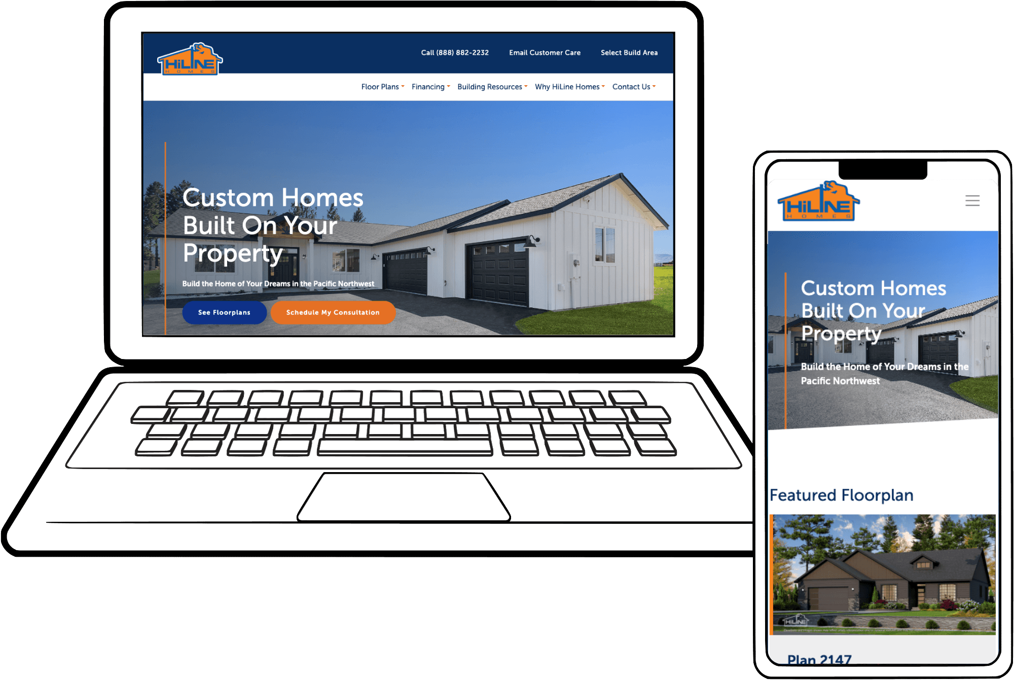 Illustration of a laptop and smartphone displaying a website for custom homes, showing a modern house, navigation menu, and the text Custom Homes Built On Your Property.
