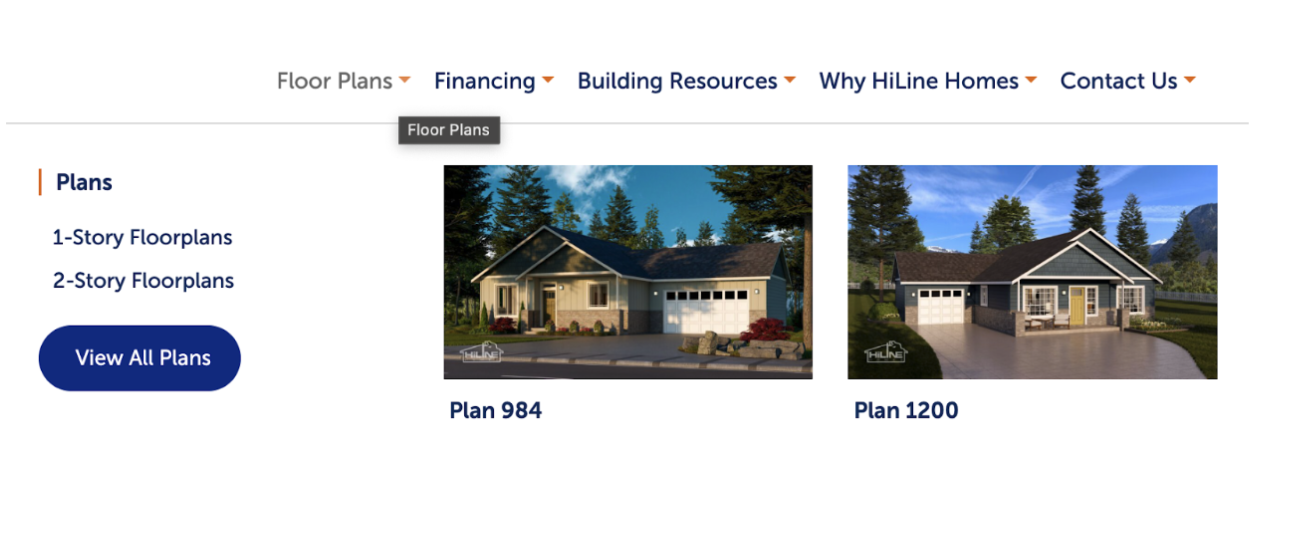 Screenshot of a home builder’s website showing menu tabs and images of two single-story house plans, labeled Plan 984 and Plan 1200, with a sidebar listing 1-story and 2-story floorplans.