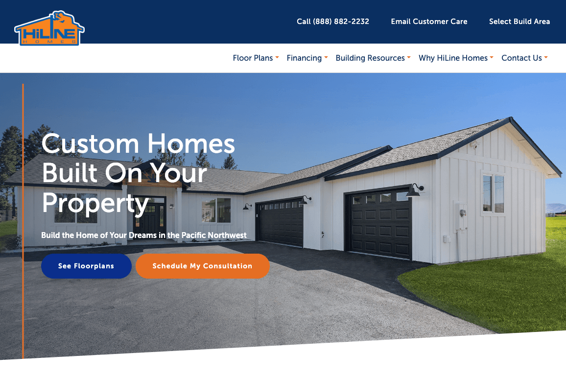 Modern white single-story house with a black roof and driveway, set against a backdrop of trees and mountains, with website navigation and buttons for floorplans and consultations.