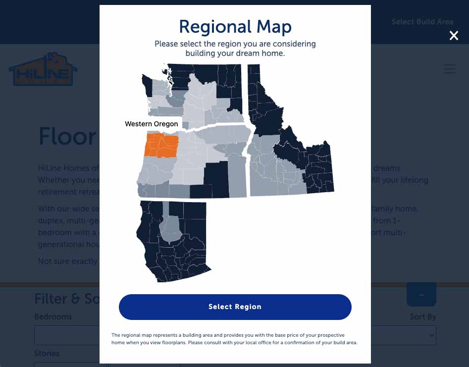 A regional map highlights Western Oregon in orange among several outlined states in the Pacific Northwest. A blue button labeled Select Region appears below the map.