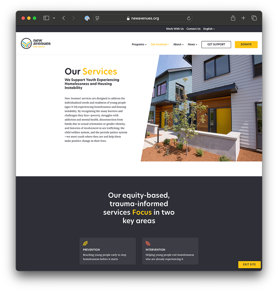 Screenshot of a website for New Avenues, featuring a section titled Our Services supporting youth experiencing homelessness. The page highlights prevention and intervention services, with a modern building photo at the top.