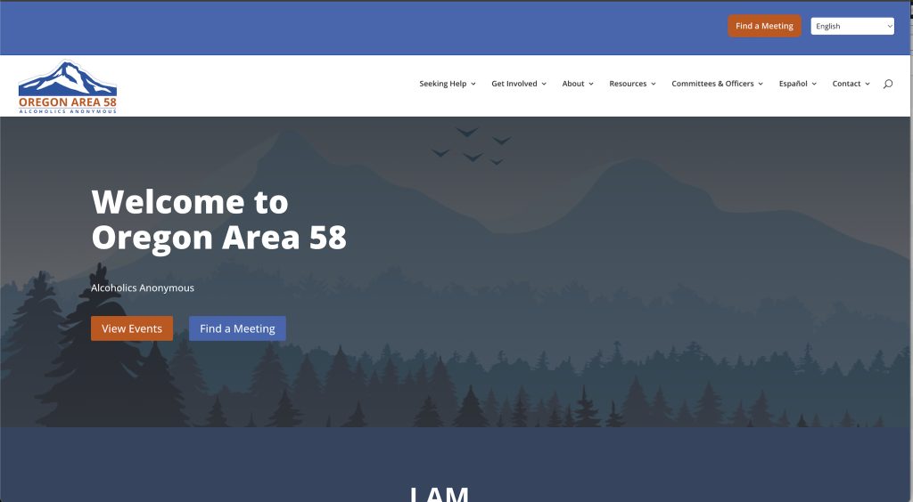 Screenshot of the Oregon Area 58 Alcoholics Anonymous website homepage, featuring a blue mountain landscape, navigation menu, Welcome to Oregon Area 58 text, and buttons to view events or find a meeting.