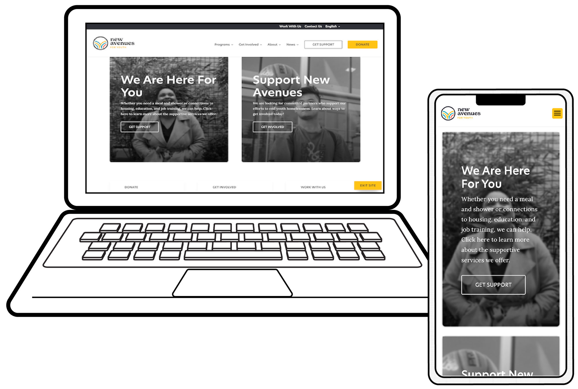 A laptop and smartphone display the same nonprofit website homepage, featuring sections titled “We Are Here For You” and “Support New Avenues,” with photos of people, navigation menus, and yellow highlight buttons.