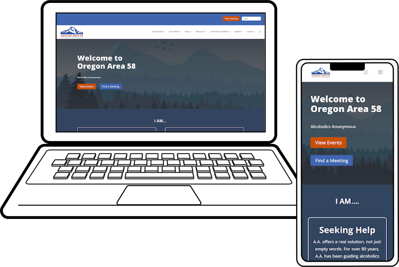 An illustration shows a laptop and a smartphone displaying the Oregon Area 58 website homepage, featuring a mountain logo, navigation menus, and buttons for viewing events and finding meetings.