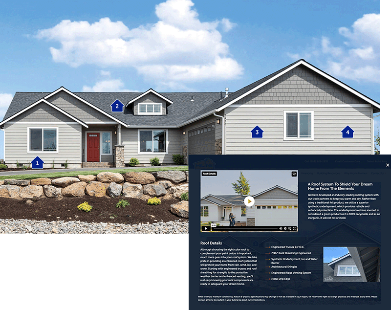 A single-story gray house with white trim and a stone yard is marked with four numbered points highlighting roof details. An overlay window displays roof system information, a photo, video, and text about roof features.