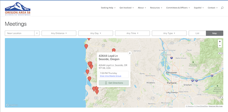 A website page showing a map of Oregon with red location markers for meetings. A pin is selected, displaying the address 42644 Lloyd Ln, Seaside, Oregon, and meeting details, with options for directions and viewing details.