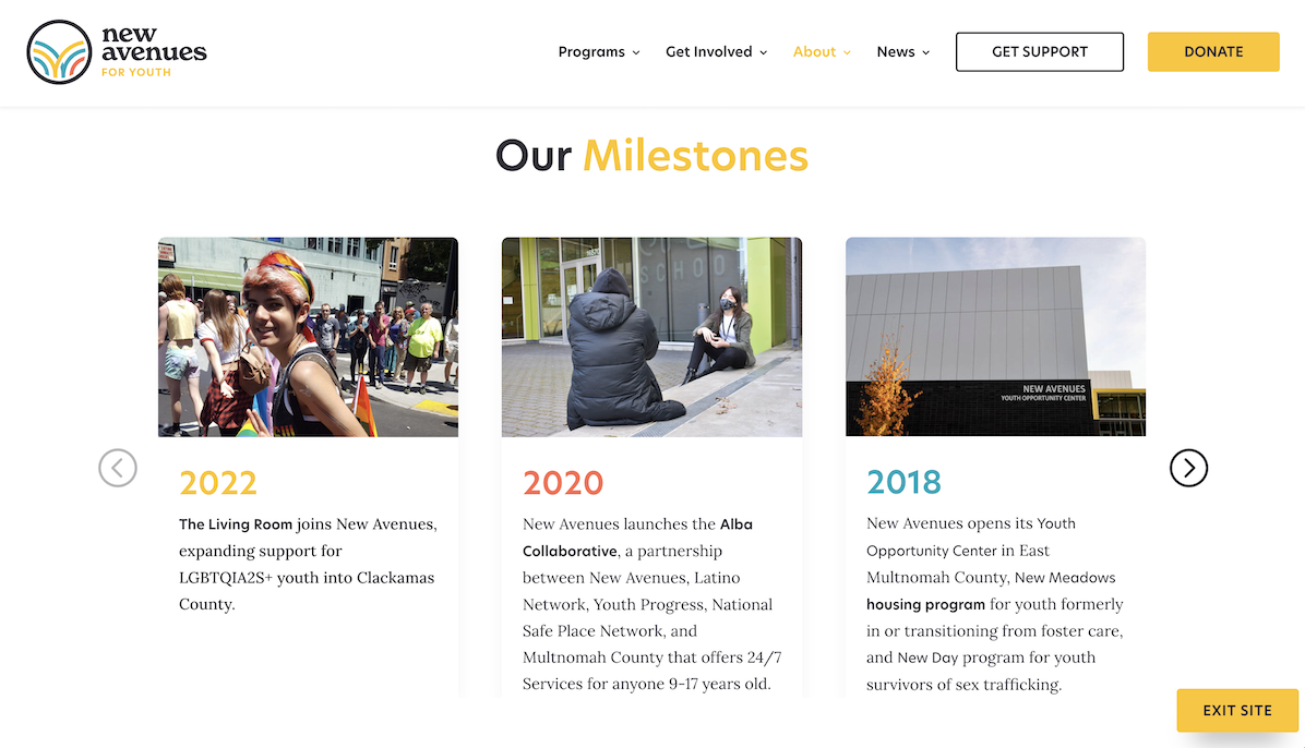Three milestone panels for New Avenues for Youth: 2022 shows a parade, 2022 shows someone sitting on a sidewalk, 2018 shows a person walking into a modern building; each panel includes brief descriptions of program launches.