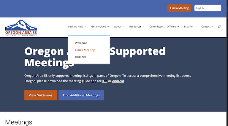 Screenshot of the Oregon Area 58 Alcoholics Anonymous website homepage with navigation menu open, showing options including Find a Meeting, and buttons for viewing guidelines and finding meetings.