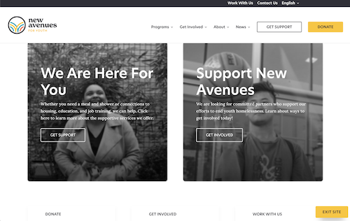 Screenshot of the “new avenues for youth” website showing two sections: “We Are Here For You” with a person holding papers, and “Support New Avenues” with a person smiling. Menu options and donate/get support buttons are visible.