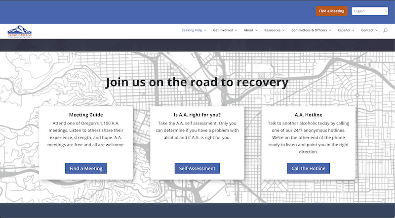 A website homepage displays a city map background with the text Join us on the road to recovery. Three boxes offer links for finding meetings, self-assessment, and calling a hotline. Navigation and a Find a Meeting button are at the top.