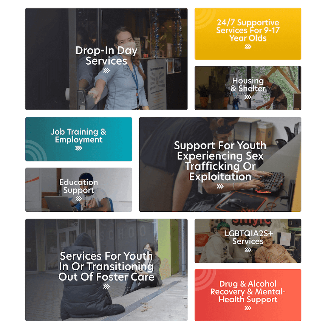 A collage of service categories for youth: drop-in day services, 24/7 support for ages 9-17, housing, job training, sex trafficking support, education, foster care transition, LGBTQIA2S+ services, and drug/alcohol recovery.
