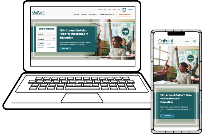 Illustration of a laptop and smartphone displaying a banking website. The screen shows a login form and a banner promoting the 16th Annual OnPoint Prize for Excellence in Education with an image of a teacher and students in a classroom.