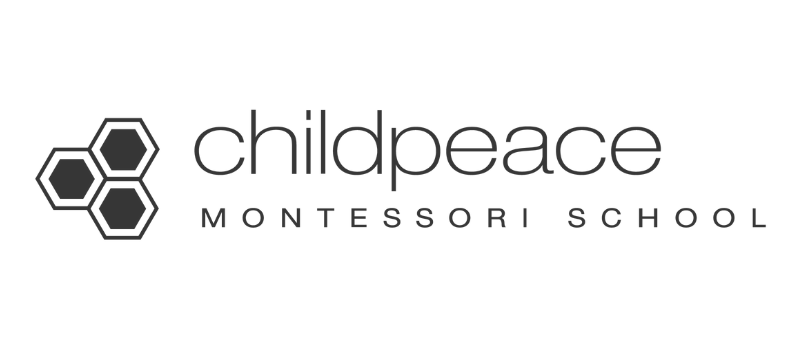 Logo for Childpeace Montessori School featuring three black hexagons on the left and the words childpeace MONTESSORI SCHOOL in lowercase and uppercase letters to the right.