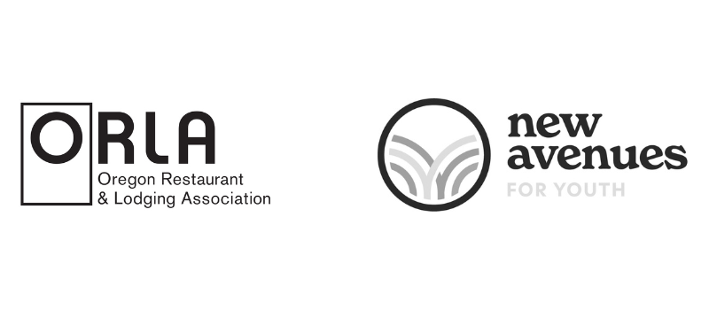 Logos for the Oregon Restaurant & Lodging Association (ORLA) on the left and New Avenues for Youth on the right, both in black and white.