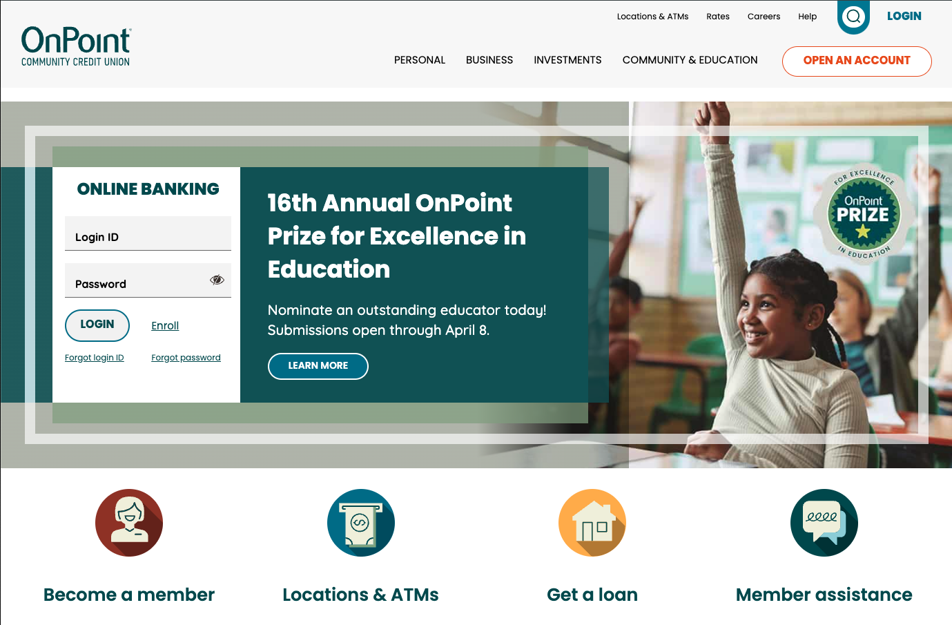A website homepage for OnPoint Community Credit Union, showing online banking login, a banner about the 16th Annual OnPoint Prize for Excellence in Education, and navigation icons for membership, ATMs, loans, and assistance.