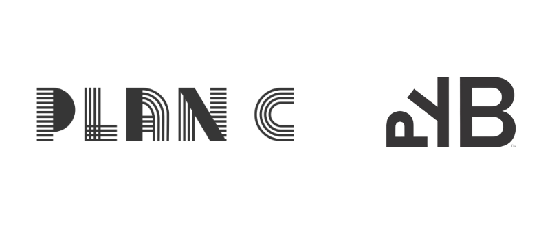 Black text on a white background. On the left, “PLAN C” is written in a striped, modern font. On the right, “PYB” appears in bold, solid letters, with the Y slightly raised above the P and B.